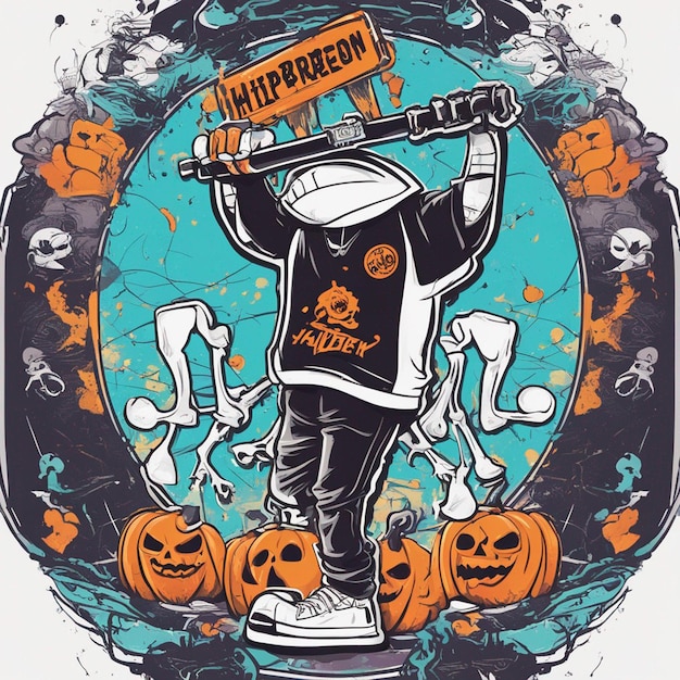 A skeletal figure with a tshirt featuring a classic hiphop design tshirt design halloween