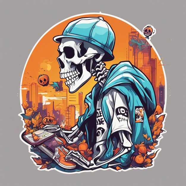 A skeletal figure with a tshirt featuring a classic hiphop design tshirt design halloween