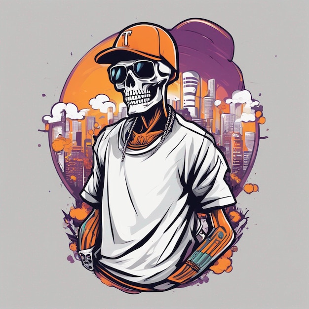 A skeletal figure with a tshirt featuring a classic hiphop design tshirt design halloween