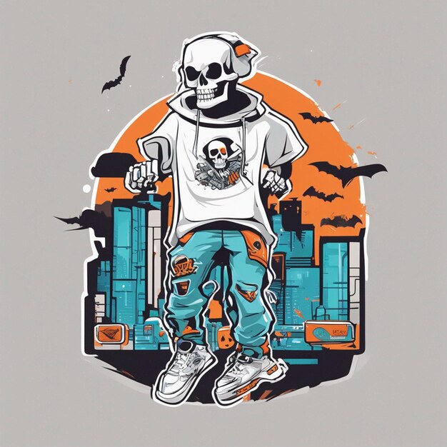 A skeletal figure with a tshirt featuring a classic hiphop design tshirt design halloween