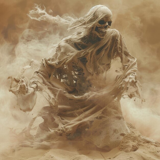 Photo a skeletal witch made by sand surrounded by sandstorm desert ambience