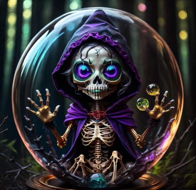 A skeleton in a ball with purple eyes is sitting in a bubble.