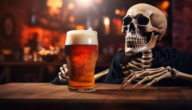 Skeleton in a bar with a mug of beer