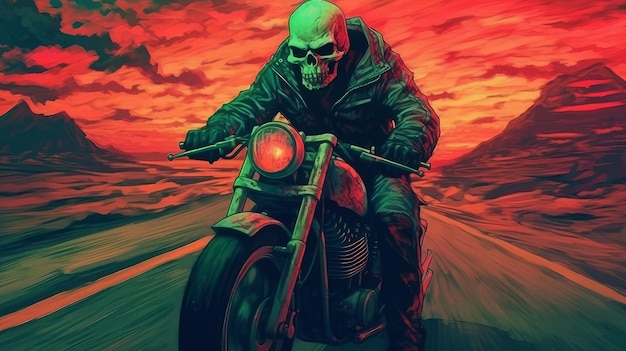 Photo skeleton biker rides a motorcycle into the sunset