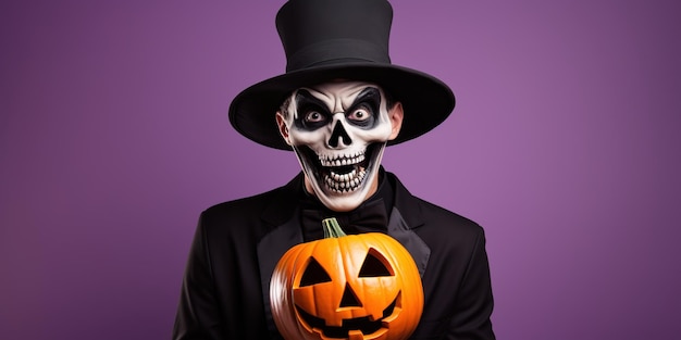 A skeleton in a black cloak and top hat stands on a light purple background holds an orange lantern and looks with a funny surprised expression