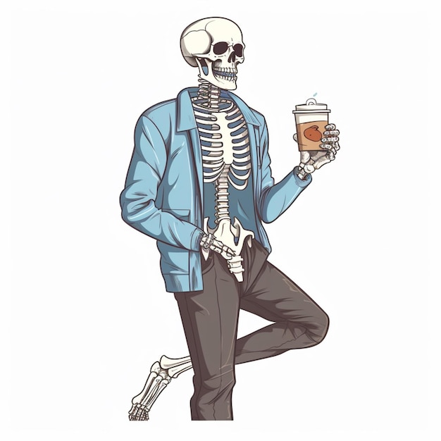 Скелет в синей куртке с чашечкой кофе и напитком.