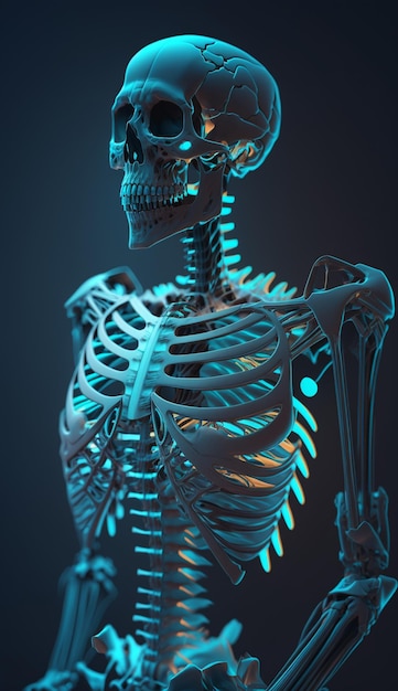 A skeleton in a blue light.