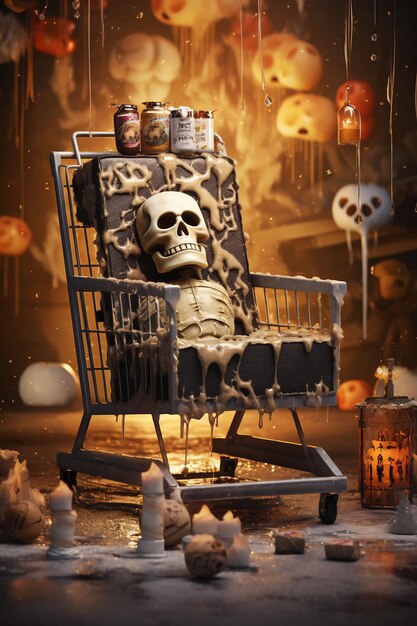 A skeleton in a cage with a bottle of beer and a bottle of beer