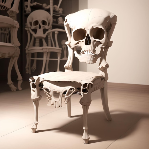 Photo a skeleton chair with a skull on it in a room with other chairs.