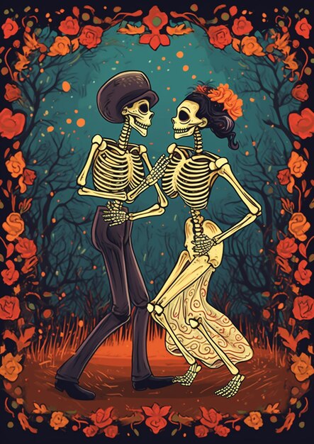 skeleton couple dancing in the night with roses and leaves generative ai