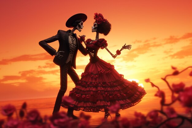 Foto skeleton couple dancing at sunset scena romantica o 00603 03