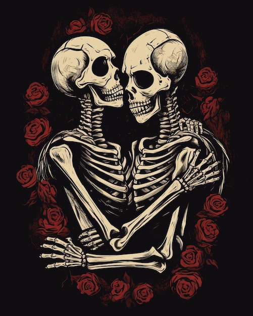 Skeleton couple hugging and kissing