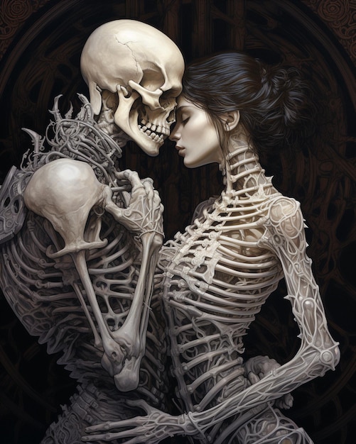 Skeleton couple hugging and kissing