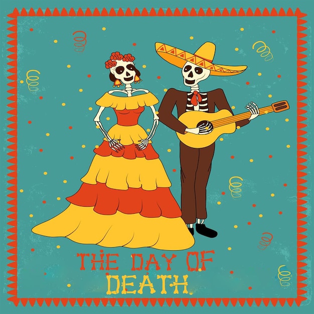 skeleton couple with guitar on death day