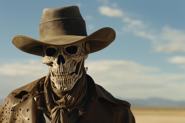 Ковбой-скелет на фоне пустыни в шляпе