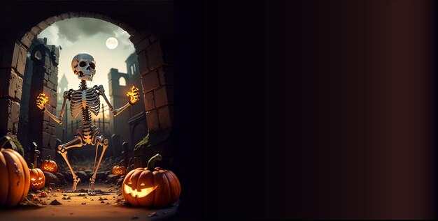 Skeleton dancing in a graveyard surrounded by graves orange pumpkins Simple Halloween background w