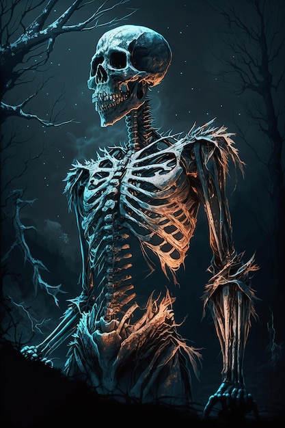 A skeleton in a dark forest.