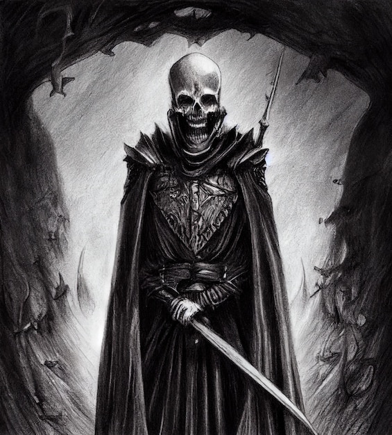 Skeleton dead warrior death concept art dark lord character\
digital illustration