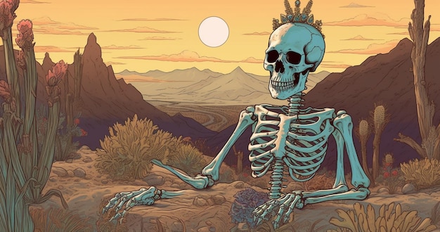 Скелет в пустыне с короной на голове