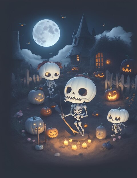 Skeleton dig with a spade with the pumpkin on the land Halloween atmospherescary home full moon