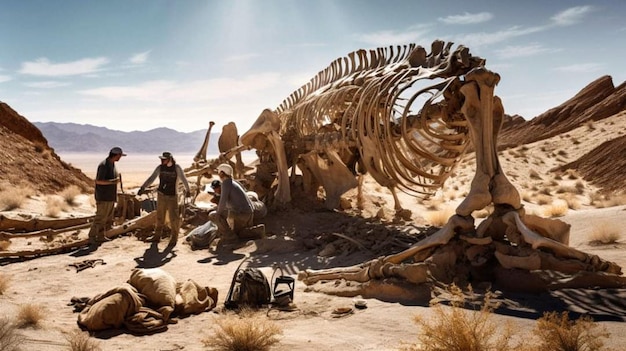 A skeleton of a dinosaur lies in the desert.