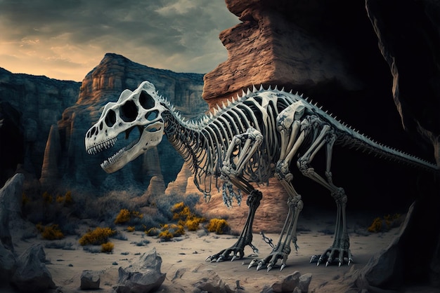 Photo skeleton of a dinosaur in a rocky natural setting