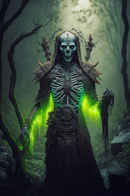 Skeleton dressed as a witch standing in a forest generative ai