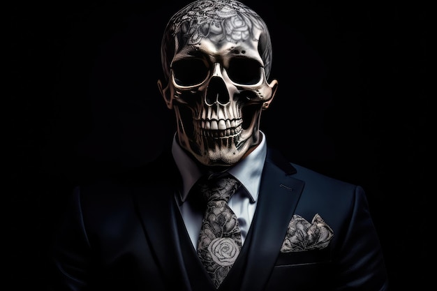 Skeleton dressed in a business suit Dark background Generative AI
