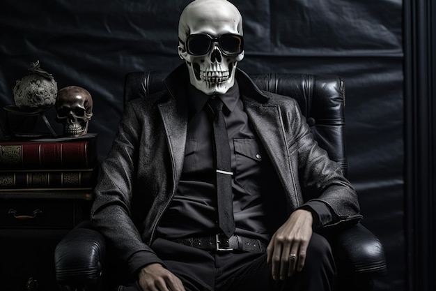 Skeleton dressed in a business suit on a dark background Generative AI