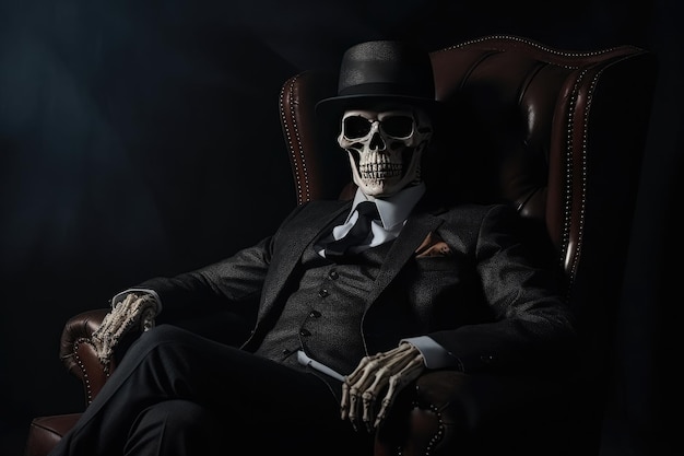 Skeleton dressed in a business suit sitting on a comfortable armchair Dark background Generative AI