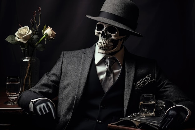 Skeleton dressed in a business suit and wearing and elegant hat on a dark background Generative AI