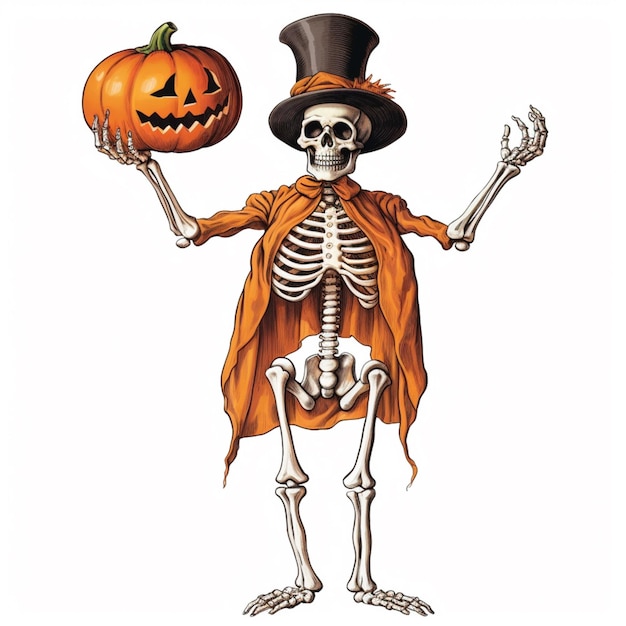 a skeleton dressed in a top hat and cape holding a pumpkin generative ai