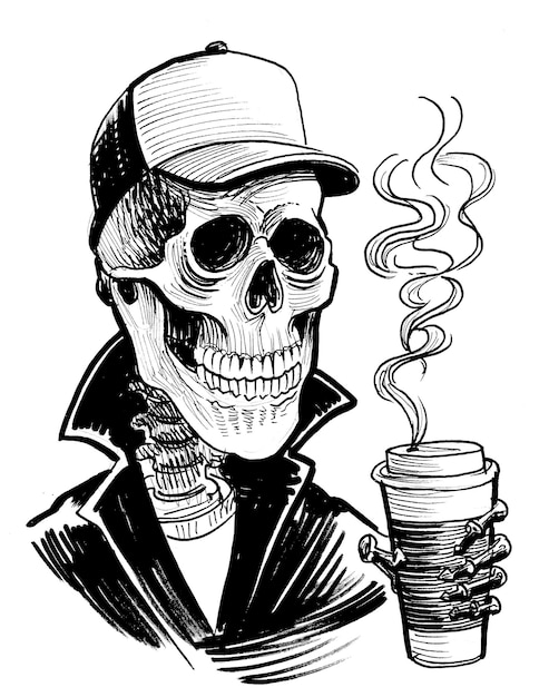 Photo skeleton drinking a paper cup of coffee ink black and white drawing