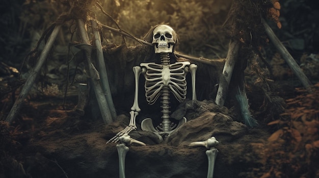 A skeleton emerging from a spooky grave