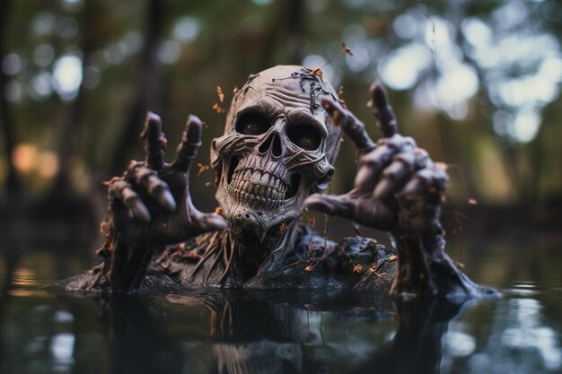 Skeleton face with hand up in puddle