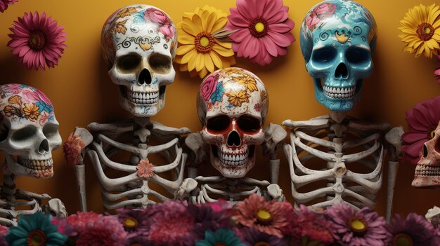 스켈레톤 가족 두개골 꽃 가루 묻은 멕시코 예술 죽은 자의 날 하이퍼 상세한 복잡한 패턴 아르 데코 생생한 색상 언리얼 엔진 생성 ai