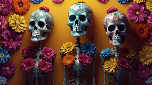 スケルトン家族の頭蓋骨、花、ほこりをかぶった色あせたメキシコ芸術、死者の日、超詳細な複雑なパターン、アールデコ調の鮮やかな色、非現実的なエンジンが AI を生成