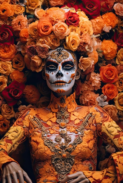 a skeleton in a flower dress dressed in sugar skull flowers in the style of sculpturebased