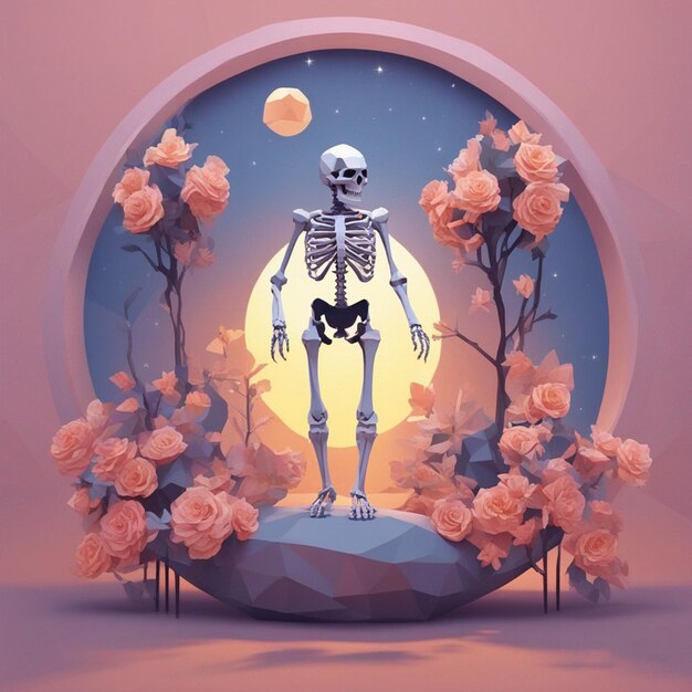 Skeleton in the front view of the moon and flowers wallpaper