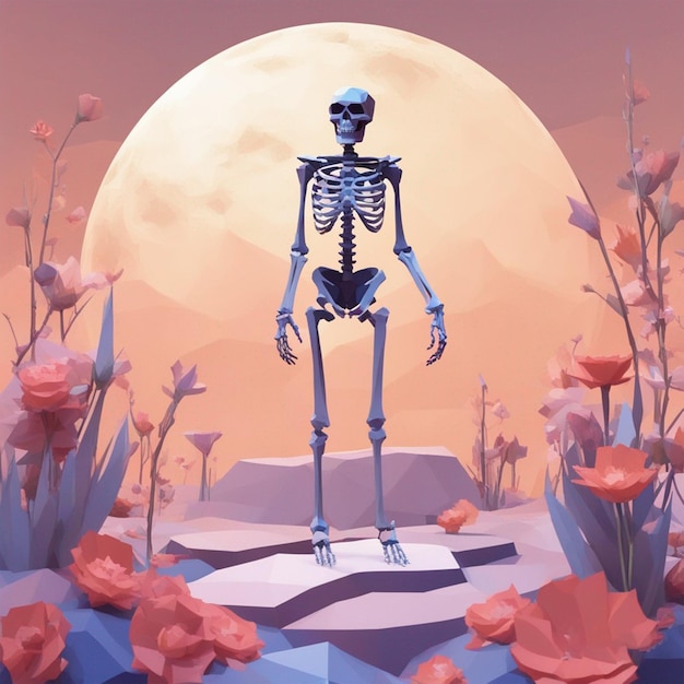 Skeleton in the front view of the moon and flowers wallpaper