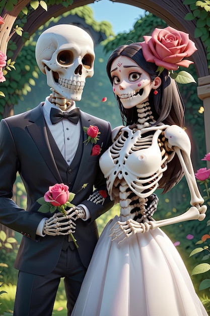 Photo a skeleton and a girl in a white dress