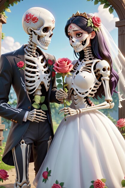 Photo a skeleton and a girl in a white dress