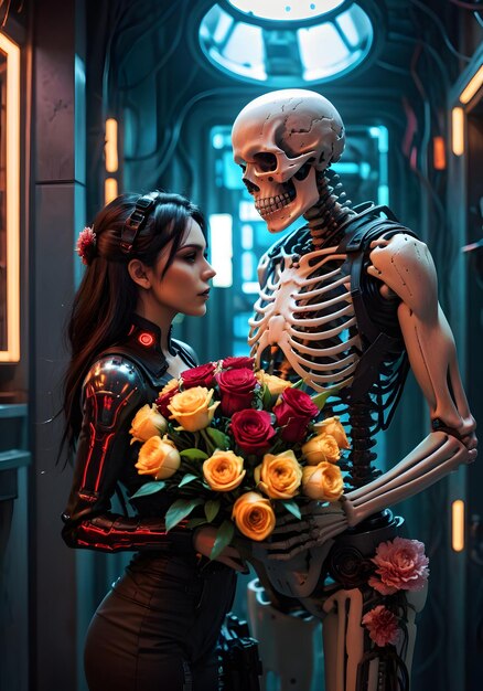 A skeleton gives a bouquet of flowers to a beautiful human woman with dark black hair in the cyberp