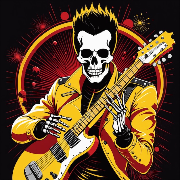 skeleton guitarist with freddy mercurys yellow jacket blazzyng from a red round ray explosion