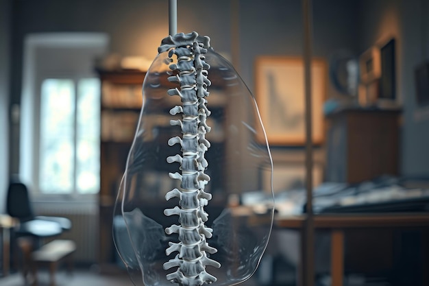 A skeleton hangs from the ceiling in a room creating a macabre atmosphere Three dimensional Xray of the spine curvature AI Generated