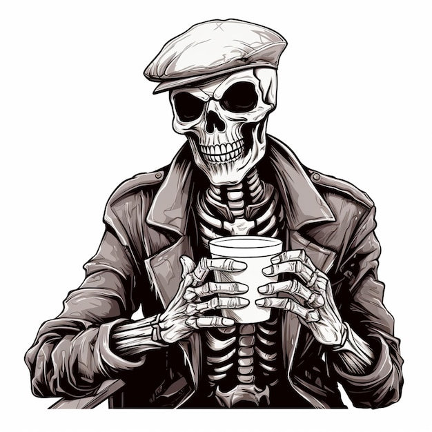 Photo a skeleton in a hat and jacket holding a cup of coffee generative ai