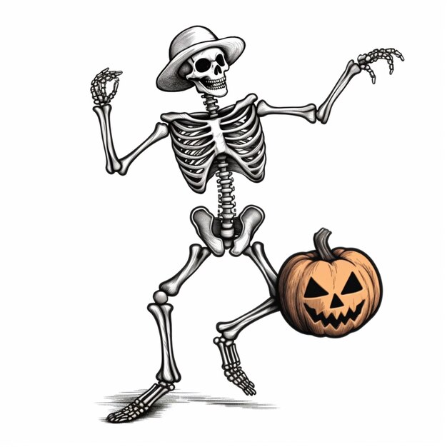 a skeleton in a hat and a skeleton in a hat running with a pumpkin generative ai