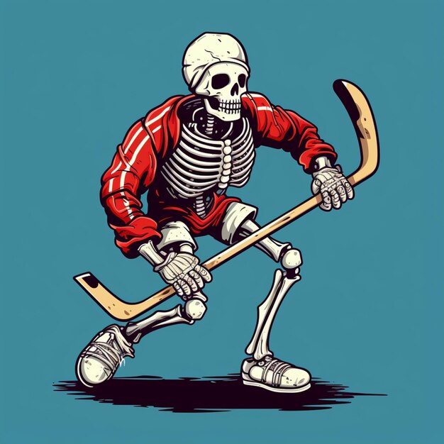 Photo skeleton hockey player with a stick and helmet on generative ai