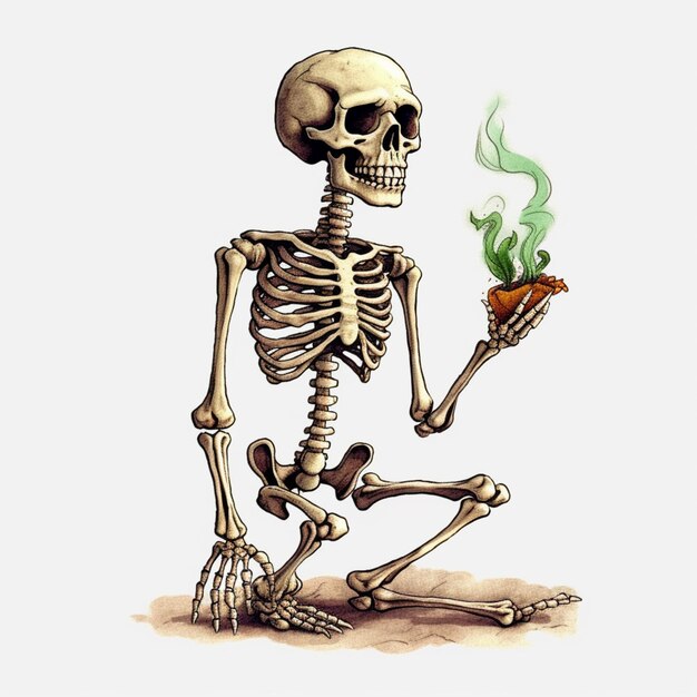 Фото Скелет, держащий морковь и курящий сигарету