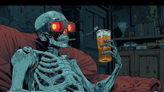 Photo skeleton holding beer glass in chair